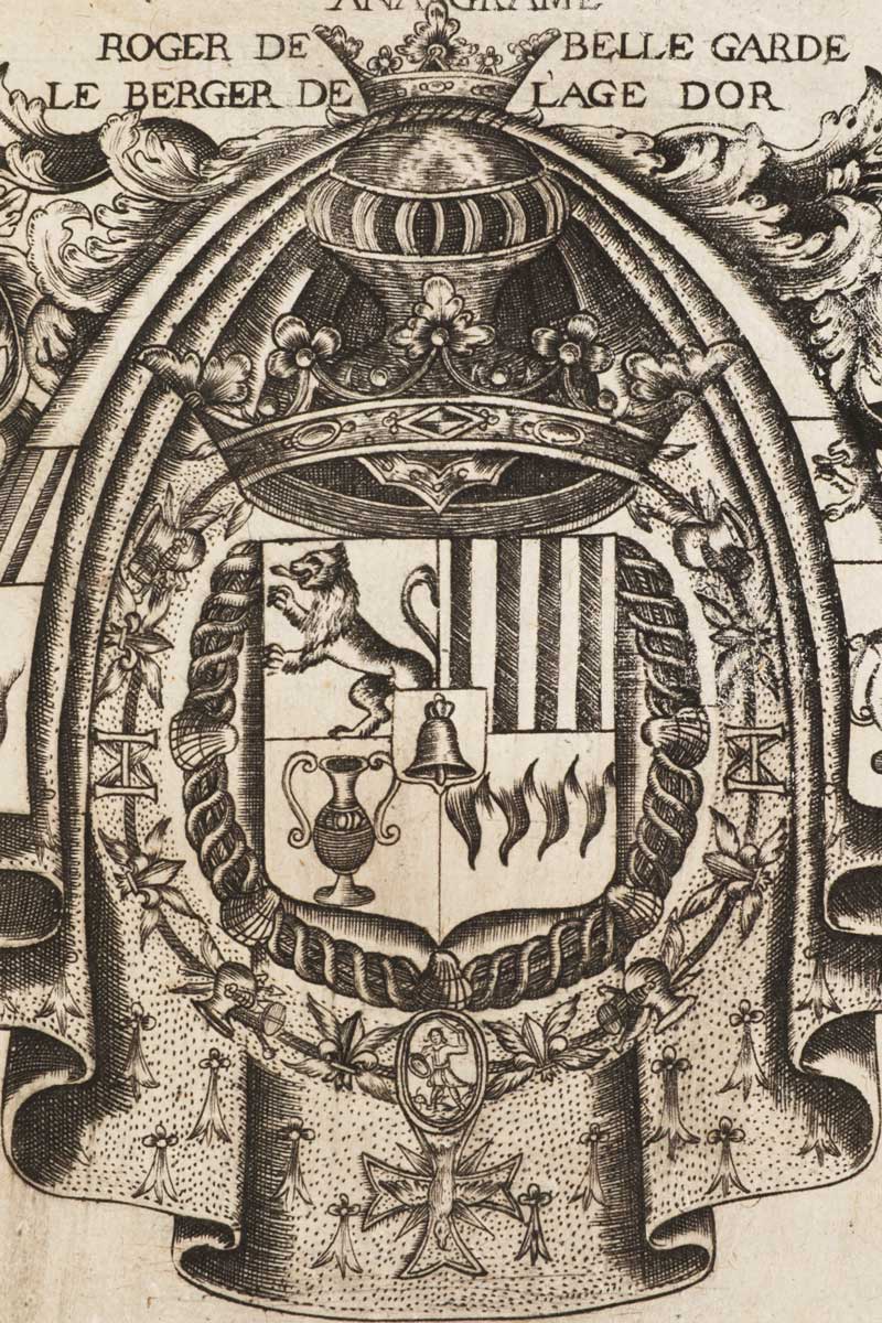 engraved detail of coat of arms and crown