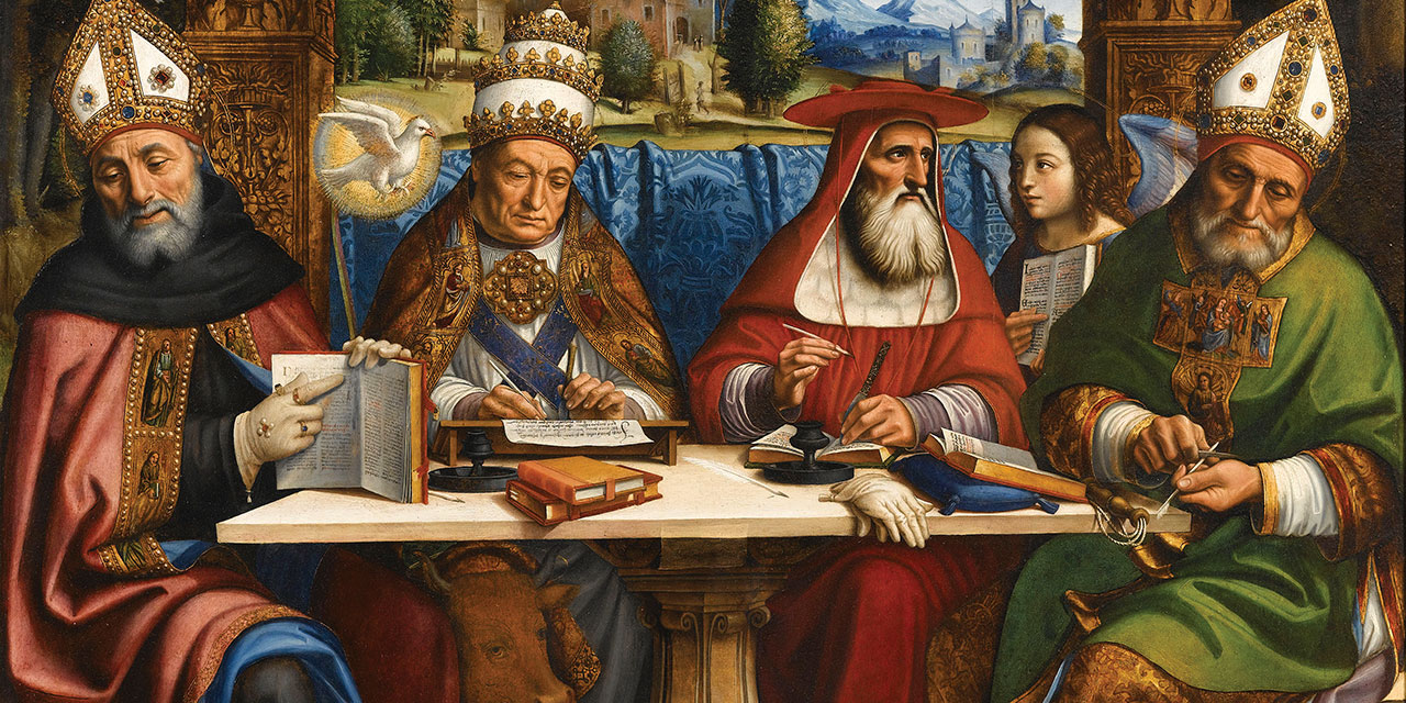 This image shows the oil-on-panel painting The Four Fathers of the Church created around 1516 by Italian Renaissance artist Pier Francesco Sacchi.